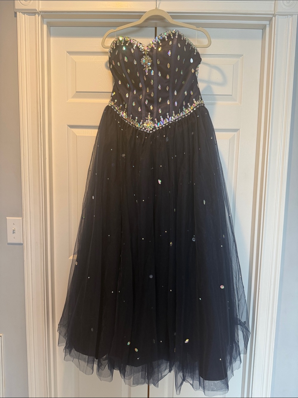 Navy Blue Strapless Tulle Dress with Iridescent Gems